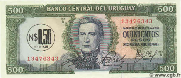 0,50 Nuevo Pesos sur 500 Pesos URUGUAY  1975 P.054 UNC