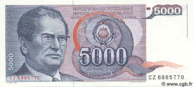 5000 Dinara JUGOSLAWIEN  1985 P.093b ST
