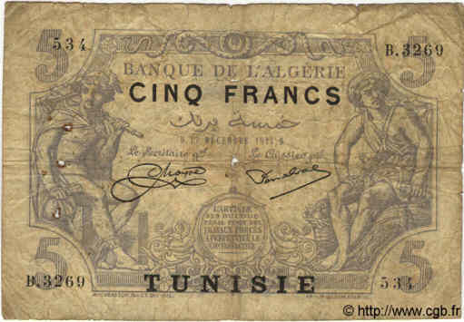 5 Francs TUNISIA  1924 P.01 B