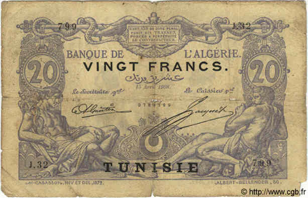 20 Francs TúNEZ  1908 P.02a MC