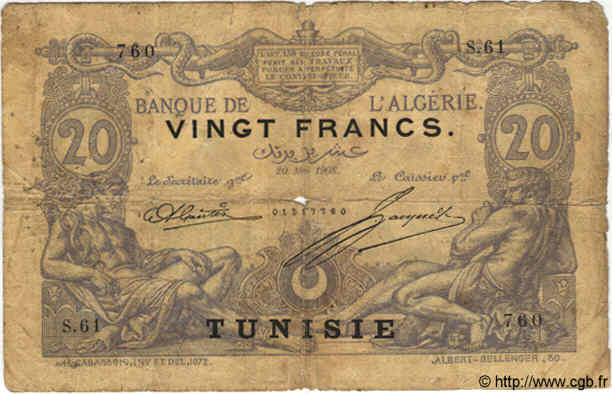 20 Francs TUNISIA  1908 P.02a P