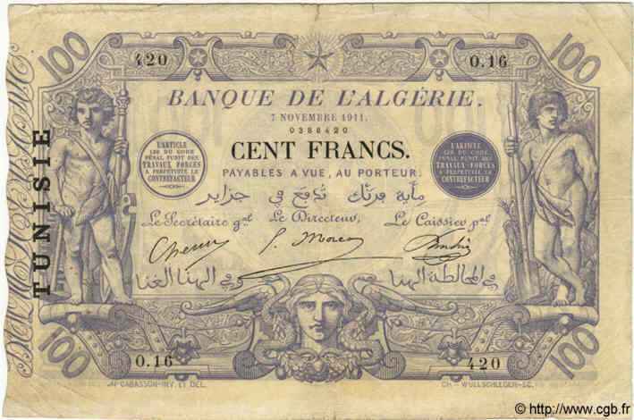 100 Francs TUNISIA  1911 P.04 F