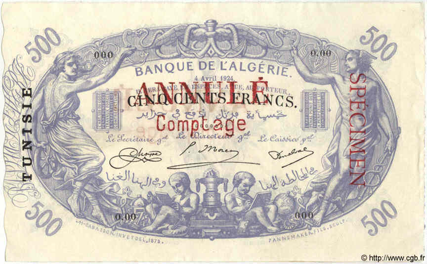 500 Francs Spécimen TUNESIEN  1924 P.05bs fST