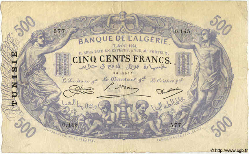 500 Francs TUNISIA  1924 P.05b F - VF