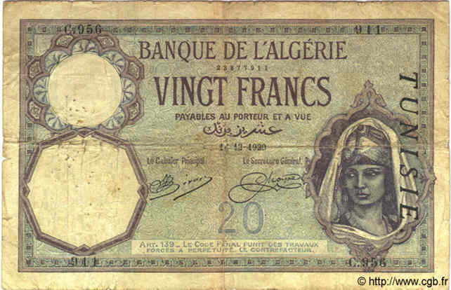 20 Francs TUNISIE  1920 P.06a B+