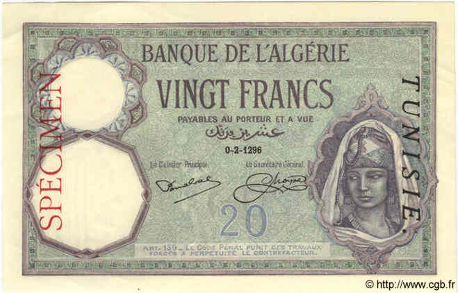 20 Francs Spécimen TUNESIEN  1926 P.06bs fST+