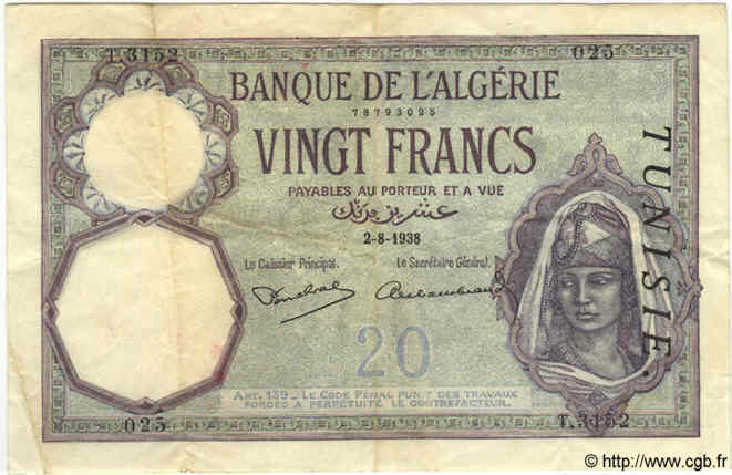 20 Francs TUNISIA  1938 P.06b BB