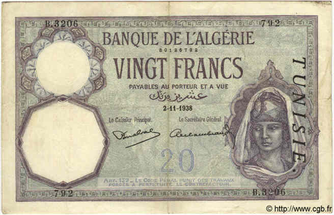 20 Francs TUNESIEN  1938 P.06b SS