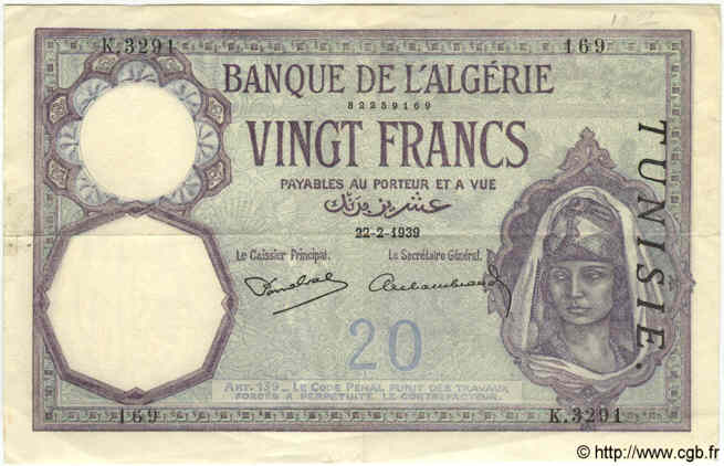 20 Francs TúNEZ  1939 P.06b MBC+