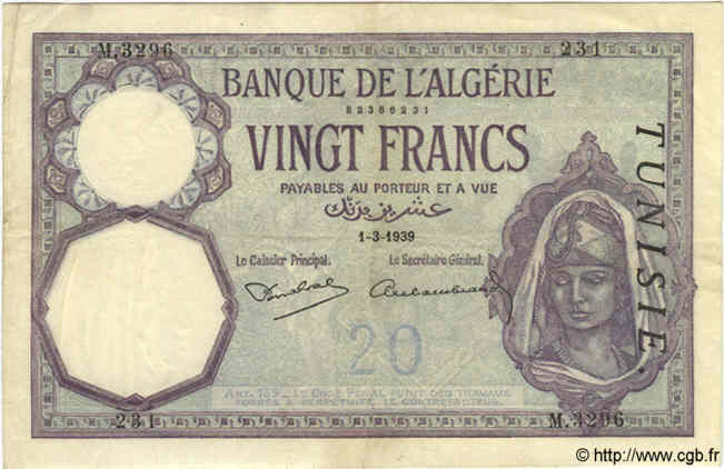 20 Francs TUNISIA  1939 P.06b VF