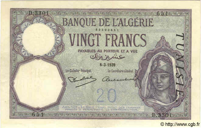 20 Francs TUNESIEN  1939 P.06b VZ+