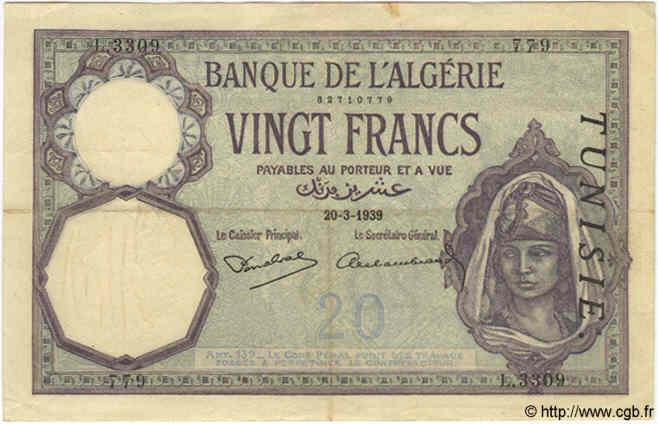 20 Francs TUNISIA  1939 P.06b VF+
