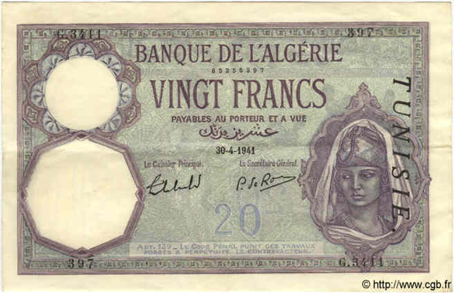 20 Francs TUNESIEN  1941 P.06b VZ+