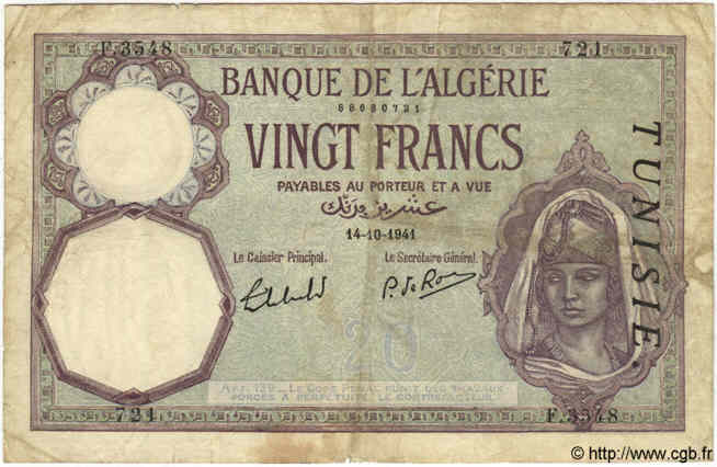 20 Francs TUNISIA  1941 P.06b q.MBa MB
