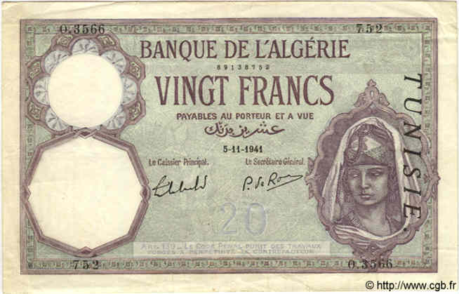 20 Francs TUNISIA  1941 P.06b VF
