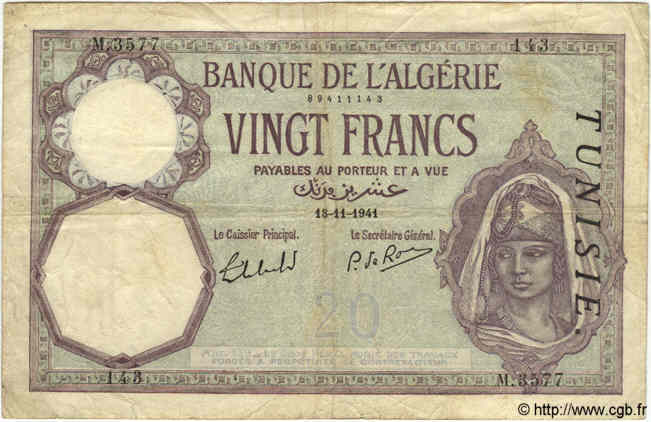 20 Francs TUNISIA  1941 P.06b MB