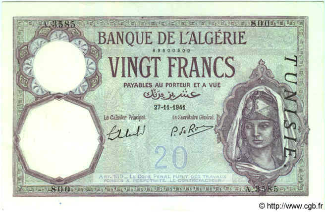 20 Francs TUNISIA  1941 P.06b SPL