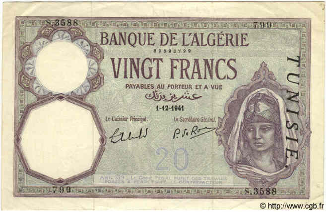 20 Francs TUNISIA  1941 P.06b VF+