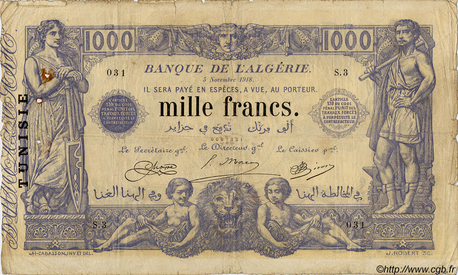 1000 Francs TUNISIA  1918 P.07a F-