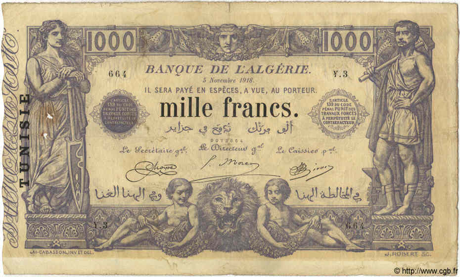 1000 Francs TUNISIA  1918 P.07a F