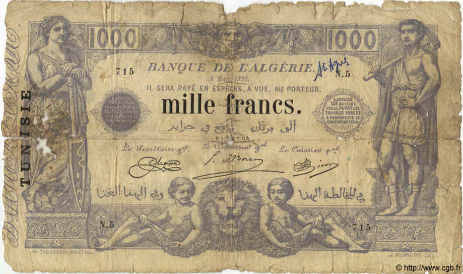 1000 Francs TUNISIA  1923 P.07b q.B