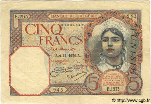 5 Francs TUNISIA  1926 P.08a VF