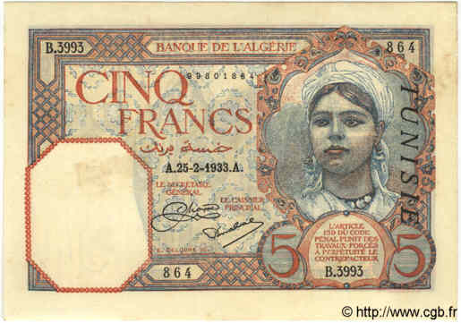 5 Francs TUNISIA  1933 P.08a SPL+