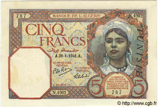 5 Francs TUNESIEN  1941 P.08b fST+