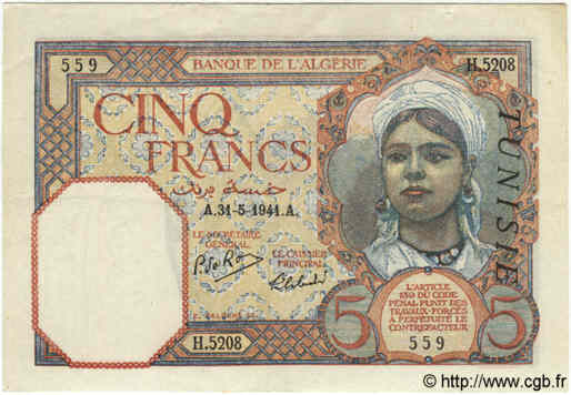 5 Francs TUNESIEN  1941 P.08b fVZ to VZ