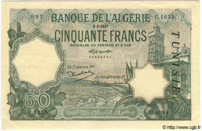 50 Francs TUNESIEN  1937 P.09 fVZ