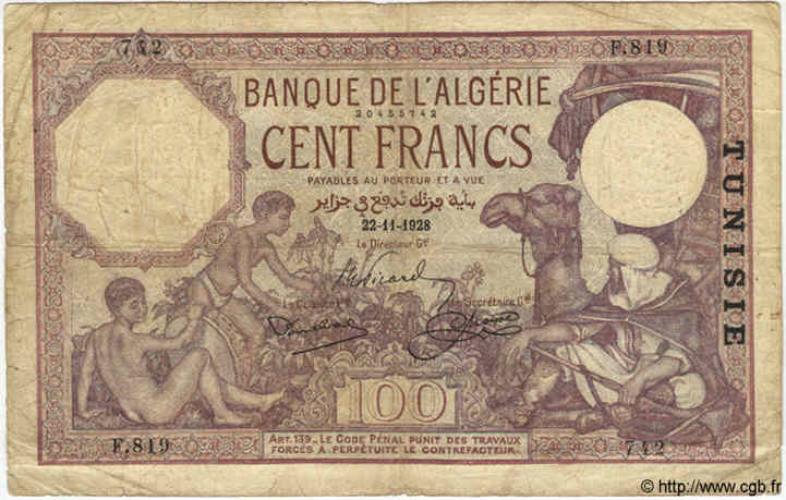 100 Francs TUNISIA  1928 P.10a VG