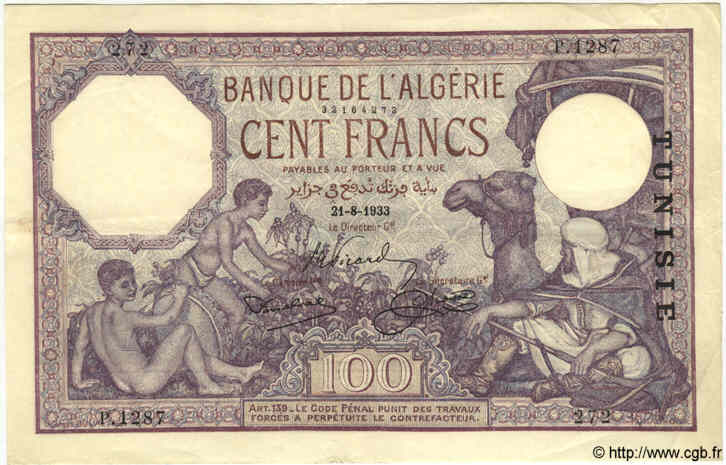 100 Francs TUNISIA  1933 P.10b XF-