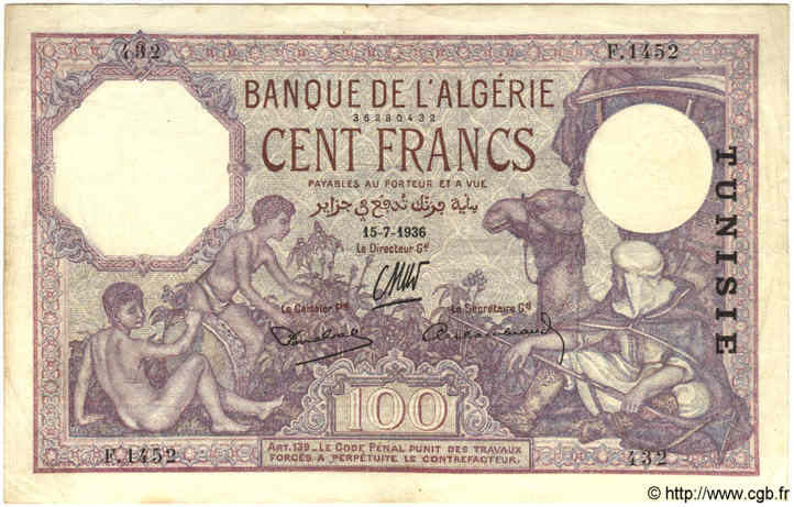 100 Francs TúNEZ  1936 P.10c MBC