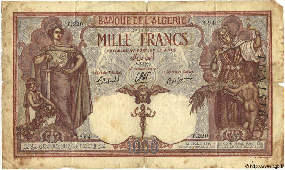 1000 Francs TUNISIA  1939 P.11b G