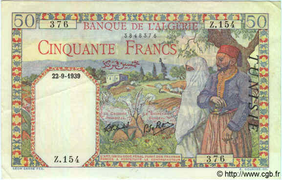 50 Francs TUNESIEN  1939 P.12a VZ