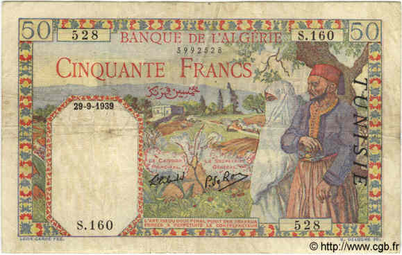 50 Francs TUNISIA  1939 P.12a MB