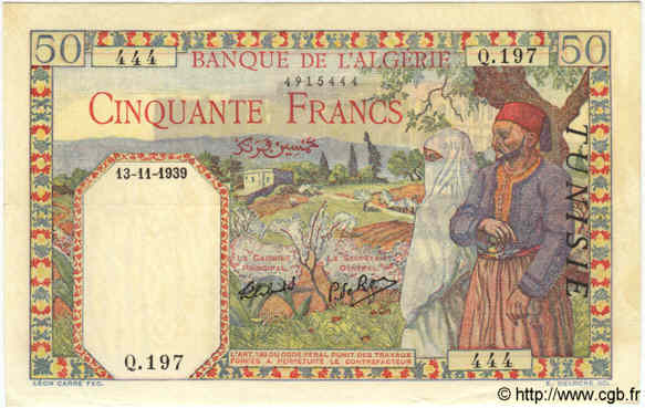 50 Francs TUNISIA  1939 P.12a q.SPL
