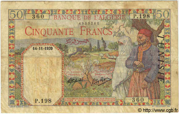 50 Francs TUNESIEN  1939 P.12a fS