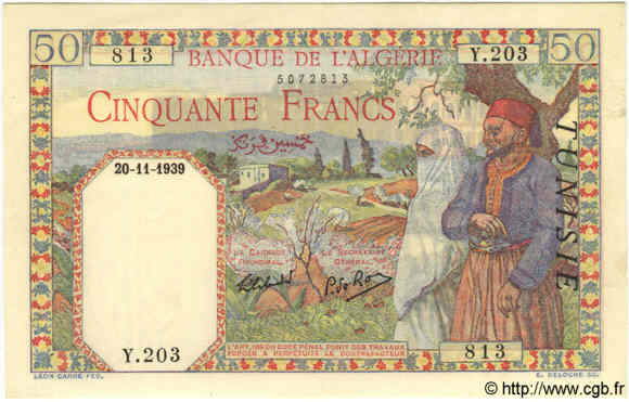 50 Francs TUNESIEN  1939 P.12a fST