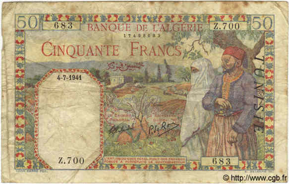 50 Francs TUNISIA  1941 P.12a VG