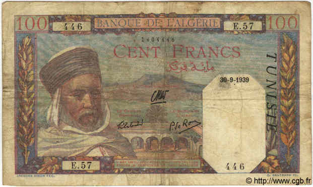 100 Francs TUNISIA  1939 P.13a F
