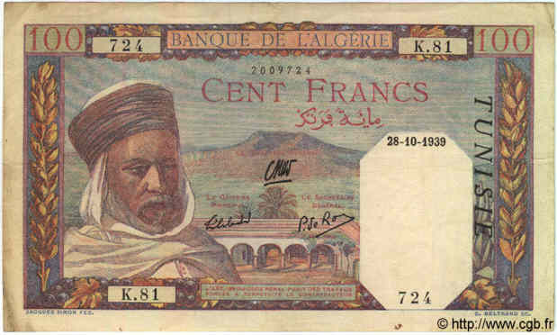 100 Francs TUNISIA  1939 P.13a F - VF