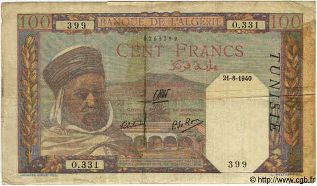 100 Francs TUNISIA  1940 P.13a B a MB