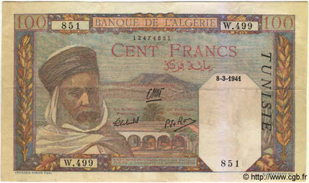 100 Francs TUNISIA  1941 P.13a q.SPL