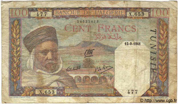 100 Francs TUNESIEN  1941 P.13a SGE