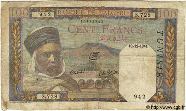 100 Francs TUNISIA  1941 P.13a q.MB