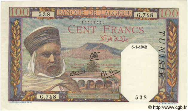 100 Francs TUNISIA  1942 P.13a UNC-