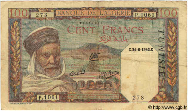 100 Francs TUNISIA  1942 P.13b F