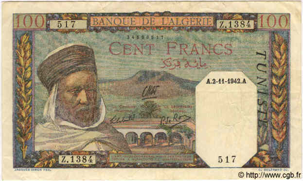 100 Francs TUNISIA  1942 P.13b VF+