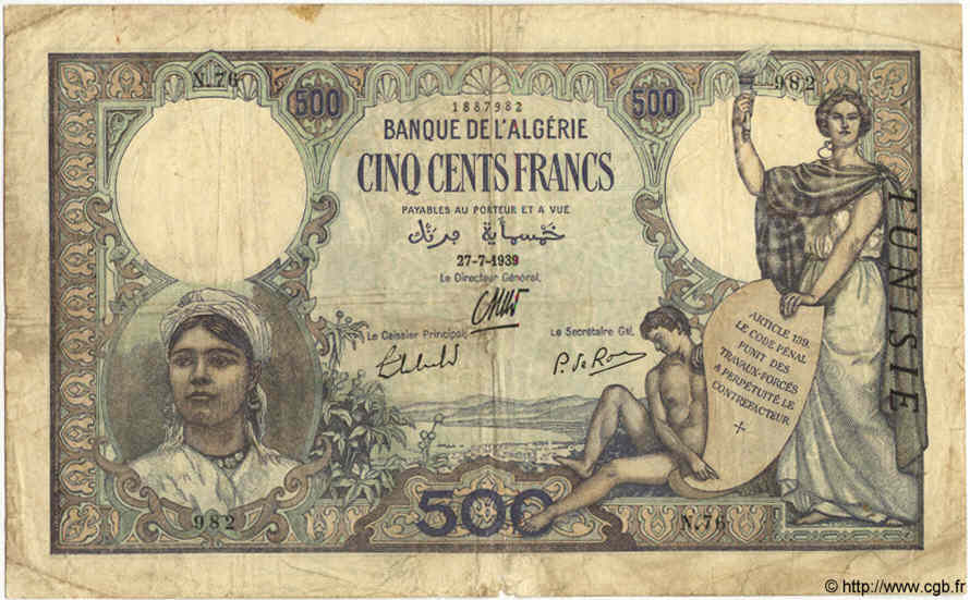500 Francs TUNISIA  1939 P.14 q.MB